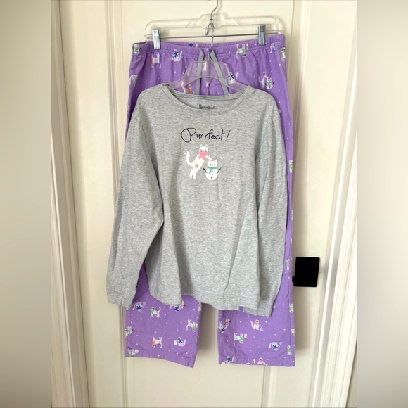Pajamagram Women's Sz L PJ Set Purrfect Holiday Cat Cotton Flannel Long Sleeve - Picture 1 of 10